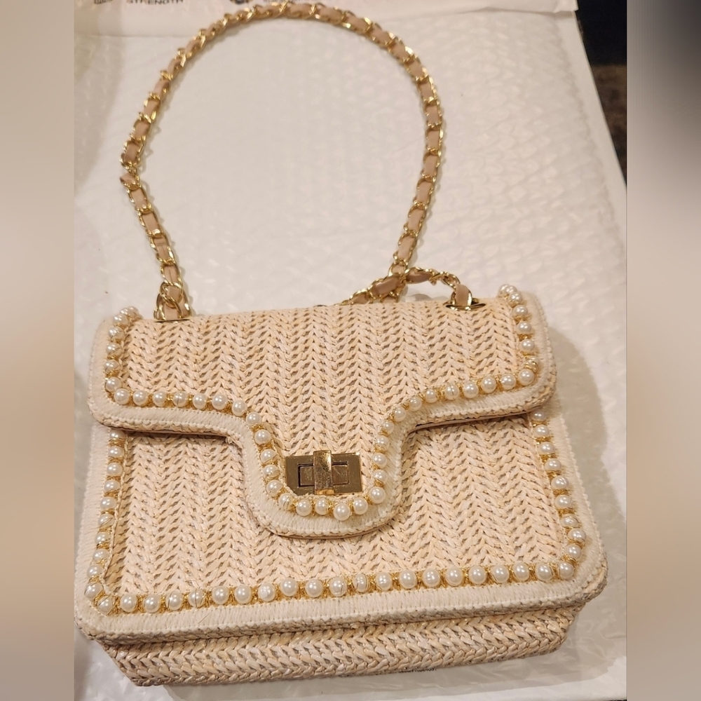 Vintage Tan/Cream Pearl Beaded Woven Handbag with Gold Accents